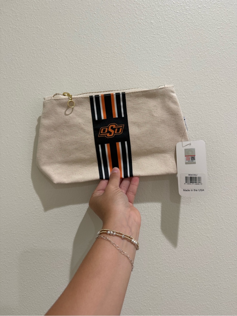 ShopDesden Neutral Canvas Pouch with Black, Orange and Navy Stripes
